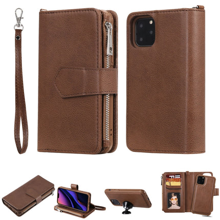 For iPhone 11 Pro 2 in 1 Solid Color Zipper Shockproof Protective Case with Card Slots & Bracket & Photo Holder & Wallet Function(Brown)-garmade.com