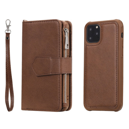 For iPhone 11 Pro 2 in 1 Solid Color Zipper Shockproof Protective Case with Card Slots & Bracket & Photo Holder & Wallet Function(Brown)-garmade.com
