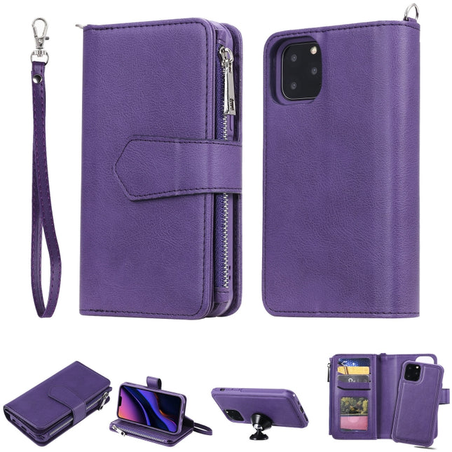 For iPhone 11 Pro 2 in 1 Solid Color Zipper Shockproof Protective Case with Card Slots & Bracket & Photo Holder & Wallet Function(Purple)-garmade.com