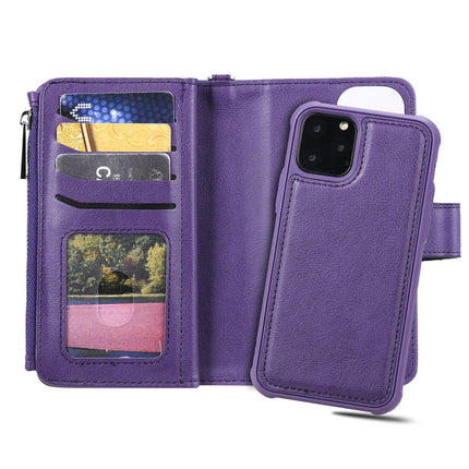 For iPhone 11 Pro 2 in 1 Solid Color Zipper Shockproof Protective Case with Card Slots & Bracket & Photo Holder & Wallet Function(Purple)-garmade.com