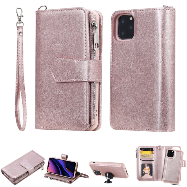 For iPhone 11 Pro 2 in 1 Solid Color Zipper Shockproof Protective Case with Card Slots & Bracket & Photo Holder & Wallet Function(Rose Gold)-garmade.com