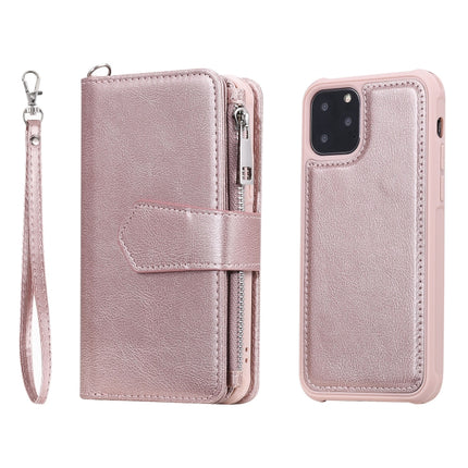For iPhone 11 Pro 2 in 1 Solid Color Zipper Shockproof Protective Case with Card Slots & Bracket & Photo Holder & Wallet Function(Rose Gold)-garmade.com