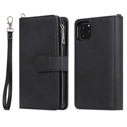 For iPhone 11 Pro Max 2 in 1 Solid Color Zipper Shockproof Protective Case with Card Slots & Bracket & Photo Holder & Wallet Function(Black)-garmade.com