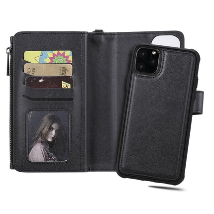 For iPhone 11 Pro Max 2 in 1 Solid Color Zipper Shockproof Protective Case with Card Slots & Bracket & Photo Holder & Wallet Function(Black)-garmade.com
