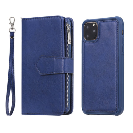 For iPhone 11 Pro Max 2 in 1 Solid Color Zipper Shockproof Protective Case with Card Slots & Bracket & Photo Holder & Wallet Function(Blue)-garmade.com