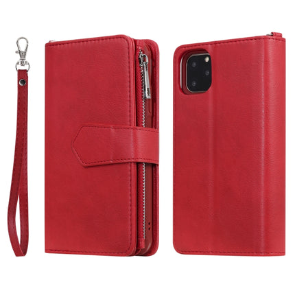 For iPhone 11 Pro Max 2 in 1 Solid Color Zipper Shockproof Protective Case with Card Slots & Bracket & Photo Holder & Wallet Function(Red)-garmade.com