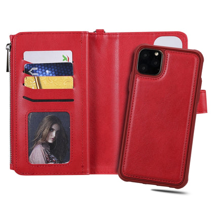 For iPhone 11 Pro Max 2 in 1 Solid Color Zipper Shockproof Protective Case with Card Slots & Bracket & Photo Holder & Wallet Function(Red)-garmade.com