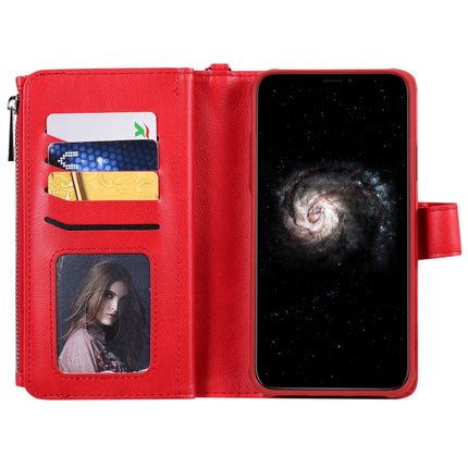 For iPhone 11 Pro Max 2 in 1 Solid Color Zipper Shockproof Protective Case with Card Slots & Bracket & Photo Holder & Wallet Function(Red)-garmade.com