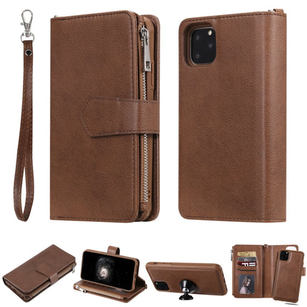 For iPhone 11 Pro Max 2 in 1 Solid Color Zipper Shockproof Protective Case with Card Slots & Bracket & Photo Holder & Wallet Function(Brown)-garmade.com