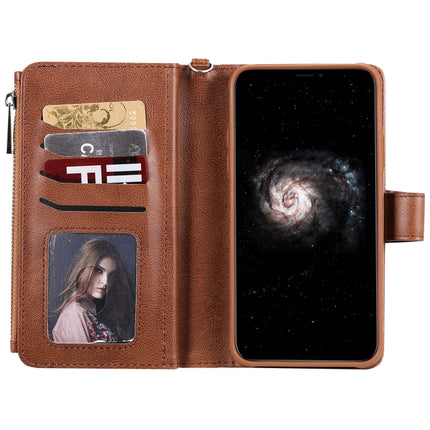 For iPhone 11 Pro Max 2 in 1 Solid Color Zipper Shockproof Protective Case with Card Slots & Bracket & Photo Holder & Wallet Function(Brown)-garmade.com