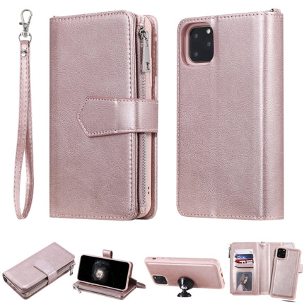 For iPhone 11 Pro Max 2 in 1 Solid Color Zipper Shockproof Protective Case with Card Slots & Bracket & Photo Holder & Wallet Function(Rose Gold)-garmade.com