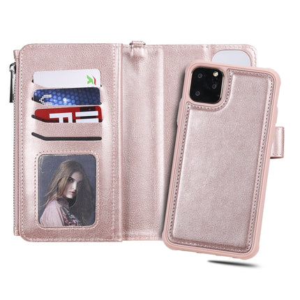 For iPhone 11 Pro Max 2 in 1 Solid Color Zipper Shockproof Protective Case with Card Slots & Bracket & Photo Holder & Wallet Function(Rose Gold)-garmade.com