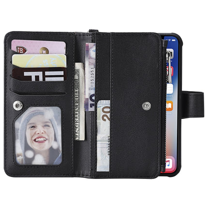 For iPhone XS / X 2 in 1 Solid Color Zipper Shockproof Protective Case with Card Slots & Bracket & Photo Holder & Wallet Function(Black)-garmade.com