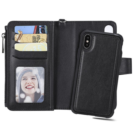 For iPhone XS / X 2 in 1 Solid Color Zipper Shockproof Protective Case with Card Slots & Bracket & Photo Holder & Wallet Function(Black)-garmade.com