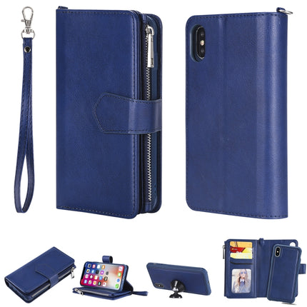 For iPhone XS / X 2 in 1 Solid Color Zipper Shockproof Protective Case with Card Slots & Bracket & Photo Holder & Wallet Function(Blue)-garmade.com