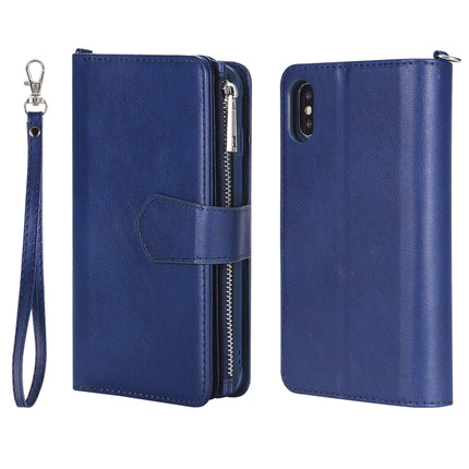 For iPhone XS / X 2 in 1 Solid Color Zipper Shockproof Protective Case with Card Slots & Bracket & Photo Holder & Wallet Function(Blue)-garmade.com