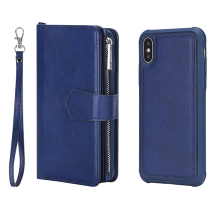 For iPhone XS / X 2 in 1 Solid Color Zipper Shockproof Protective Case with Card Slots & Bracket & Photo Holder & Wallet Function(Blue)-garmade.com