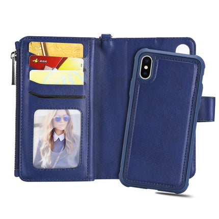 For iPhone XS / X 2 in 1 Solid Color Zipper Shockproof Protective Case with Card Slots & Bracket & Photo Holder & Wallet Function(Blue)-garmade.com