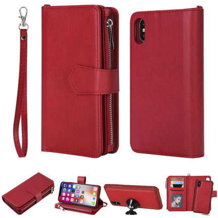 For iPhone XS / X 2 in 1 Solid Color Zipper Shockproof Protective Case with Card Slots & Bracket & Photo Holder & Wallet Function(Red)-garmade.com