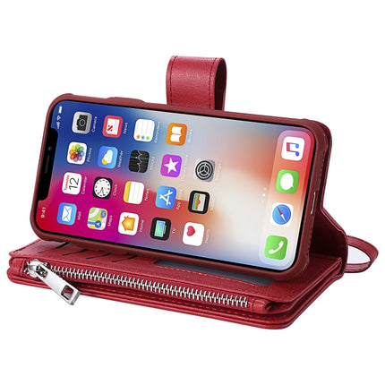 For iPhone XS / X 2 in 1 Solid Color Zipper Shockproof Protective Case with Card Slots & Bracket & Photo Holder & Wallet Function(Red)-garmade.com