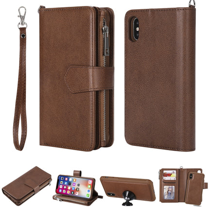 For iPhone XS / X 2 in 1 Solid Color Zipper Shockproof Protective Case with Card Slots & Bracket & Photo Holder & Wallet Function(Brown)-garmade.com