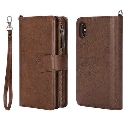 For iPhone XS / X 2 in 1 Solid Color Zipper Shockproof Protective Case with Card Slots & Bracket & Photo Holder & Wallet Function(Brown)-garmade.com