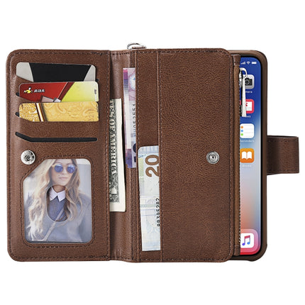 For iPhone XS / X 2 in 1 Solid Color Zipper Shockproof Protective Case with Card Slots & Bracket & Photo Holder & Wallet Function(Brown)-garmade.com