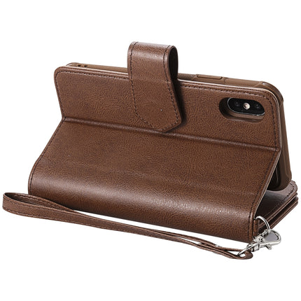 For iPhone XS / X 2 in 1 Solid Color Zipper Shockproof Protective Case with Card Slots & Bracket & Photo Holder & Wallet Function(Brown)-garmade.com