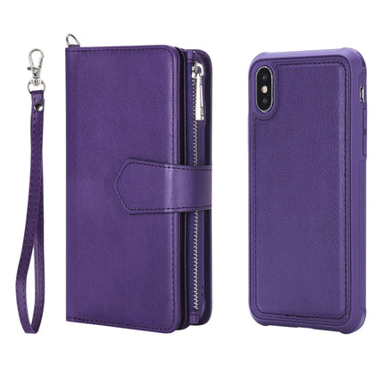 For iPhone XS / X 2 in 1 Solid Color Zipper Shockproof Protective Case with Card Slots & Bracket & Photo Holder & Wallet Function(Purple)-garmade.com