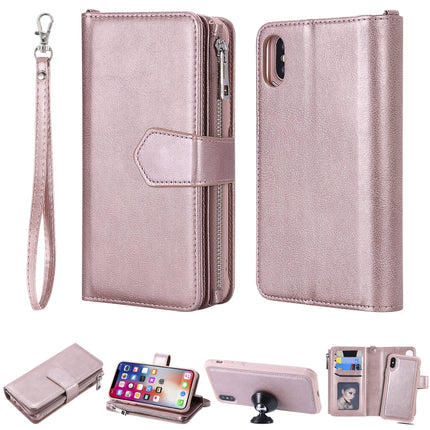 For iPhone XS / X 2 in 1 Solid Color Zipper Shockproof Protective Case with Card Slots & Bracket & Photo Holder & Wallet Function(Rose Gold)-garmade.com