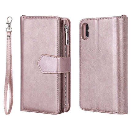 For iPhone XS / X 2 in 1 Solid Color Zipper Shockproof Protective Case with Card Slots & Bracket & Photo Holder & Wallet Function(Rose Gold)-garmade.com