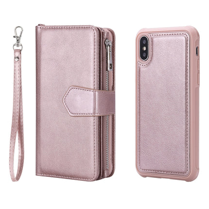 For iPhone XS / X 2 in 1 Solid Color Zipper Shockproof Protective Case with Card Slots & Bracket & Photo Holder & Wallet Function(Rose Gold)-garmade.com