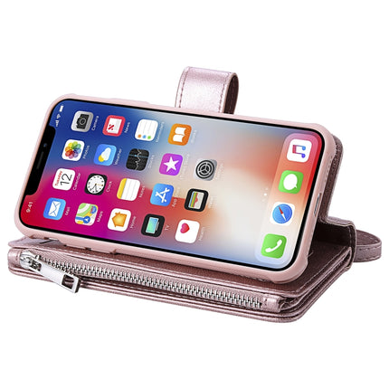 For iPhone XS / X 2 in 1 Solid Color Zipper Shockproof Protective Case with Card Slots & Bracket & Photo Holder & Wallet Function(Rose Gold)-garmade.com