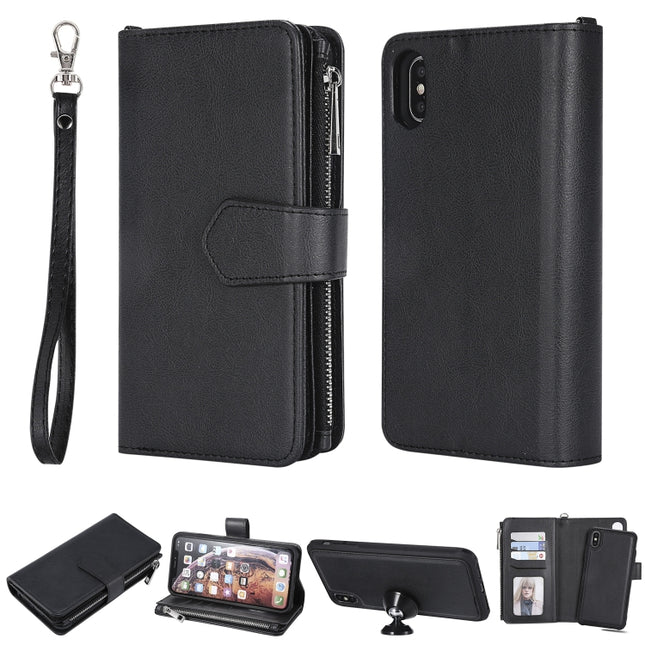 For iPhone XS Max 2 in 1 Solid Color Zipper Shockproof Protective Case with Card Slots & Bracket & Photo Holder & Wallet Function(Black)-garmade.com