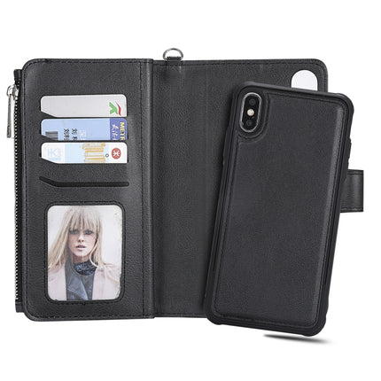 For iPhone XS Max 2 in 1 Solid Color Zipper Shockproof Protective Case with Card Slots & Bracket & Photo Holder & Wallet Function(Black)-garmade.com