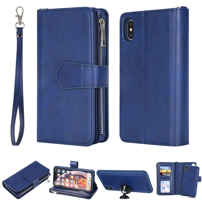 For iPhone XS Max 2 in 1 Solid Color Zipper Shockproof Protective Case with Card Slots & Bracket & Photo Holder & Wallet Function(Blue)-garmade.com