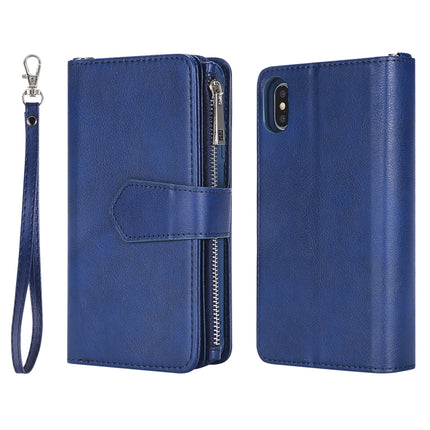 For iPhone XS Max 2 in 1 Solid Color Zipper Shockproof Protective Case with Card Slots & Bracket & Photo Holder & Wallet Function(Blue)-garmade.com