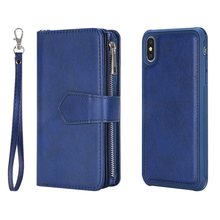 For iPhone XS Max 2 in 1 Solid Color Zipper Shockproof Protective Case with Card Slots & Bracket & Photo Holder & Wallet Function(Blue)-garmade.com