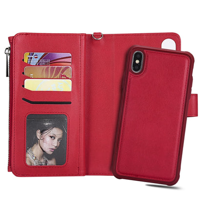 For iPhone XS Max 2 in 1 Solid Color Zipper Shockproof Protective Case with Card Slots & Bracket & Photo Holder & Wallet Function(Red)-garmade.com