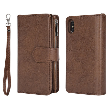 For iPhone XS Max 2 in 1 Solid Color Zipper Shockproof Protective Case with Card Slots & Bracket & Photo Holder & Wallet Function(Brown)-garmade.com