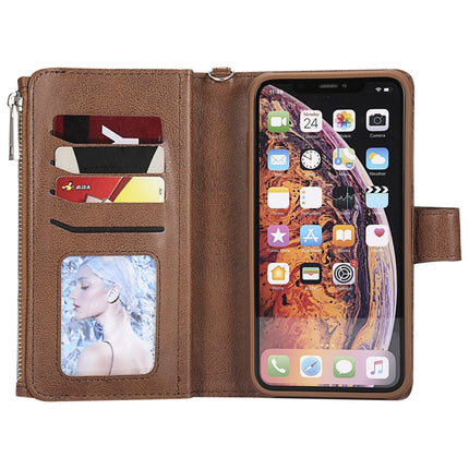 For iPhone XS Max 2 in 1 Solid Color Zipper Shockproof Protective Case with Card Slots & Bracket & Photo Holder & Wallet Function(Brown)-garmade.com