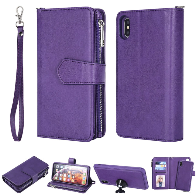 For iPhone XS Max 2 in 1 Solid Color Zipper Shockproof Protective Case with Card Slots & Bracket & Photo Holder & Wallet Function(Purple)-garmade.com