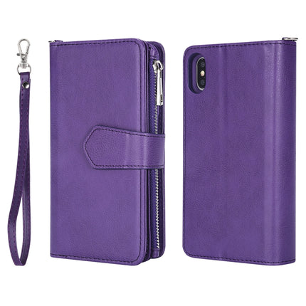 For iPhone XS Max 2 in 1 Solid Color Zipper Shockproof Protective Case with Card Slots & Bracket & Photo Holder & Wallet Function(Purple)-garmade.com