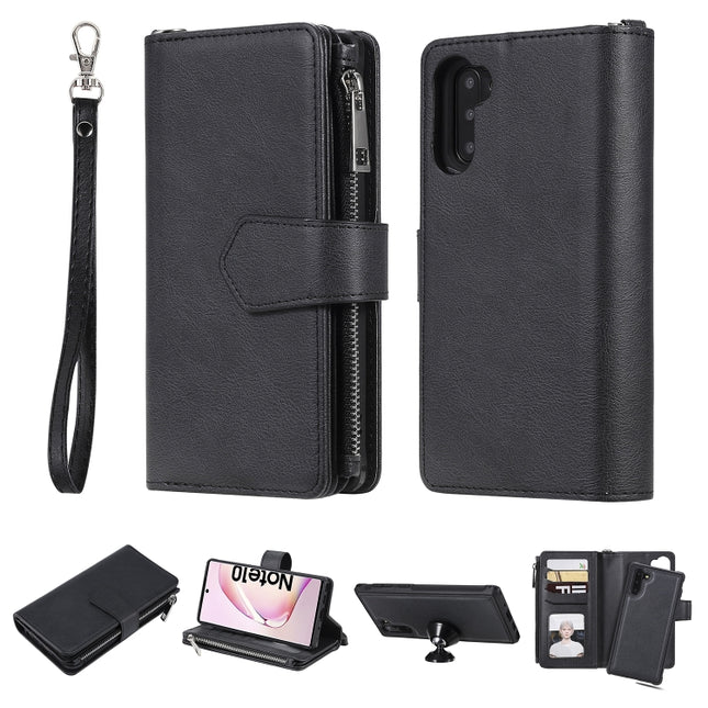 For Galaxy Note 10 2 in 1 Solid Color Zipper Shockproof Protective Case with Card Slots & Bracket & Photo Holder & Wallet Function(Black)-garmade.com