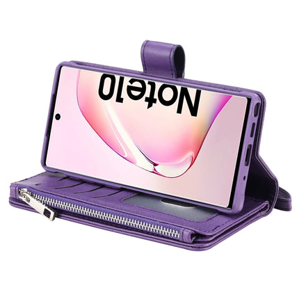 For Galaxy Note 10 2 in 1 Solid Color Zipper Shockproof Protective Case with Card Slots & Bracket & Photo Holder & Wallet Function(Purple)-garmade.com