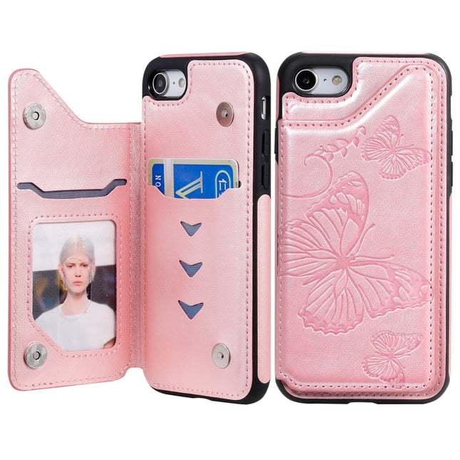 For iPhone 7 & 8 Butterfly Embossing Pattern Shockproof Protective Case with Holder & Card Slots & Photo Frame(Rose Gold)-garmade.com