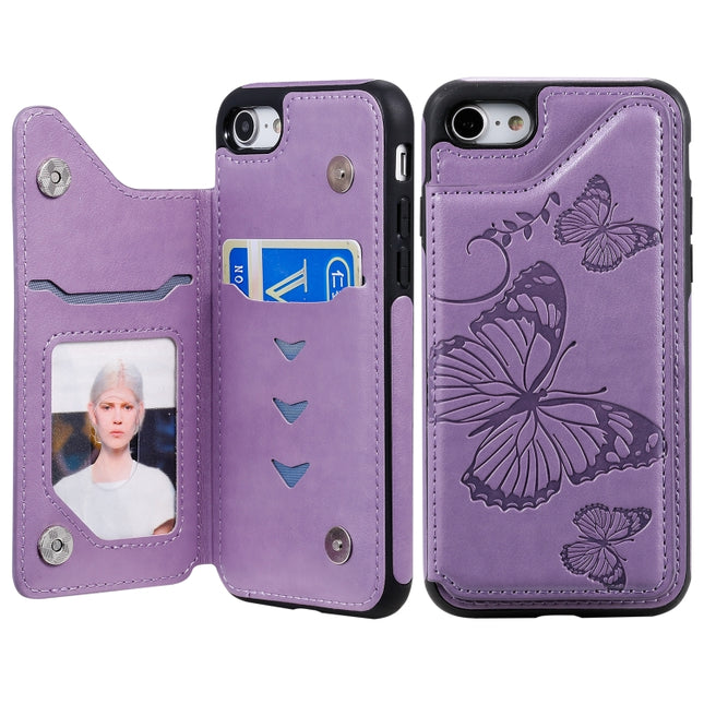 For iPhone 7 & 8 Butterfly Embossing Pattern Shockproof Protective Case with Holder & Card Slots & Photo Frame(Purple)-garmade.com