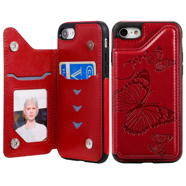 For iPhone 7 & 8 Butterfly Embossing Pattern Shockproof Protective Case with Holder & Card Slots & Photo Frame(Red)-garmade.com
