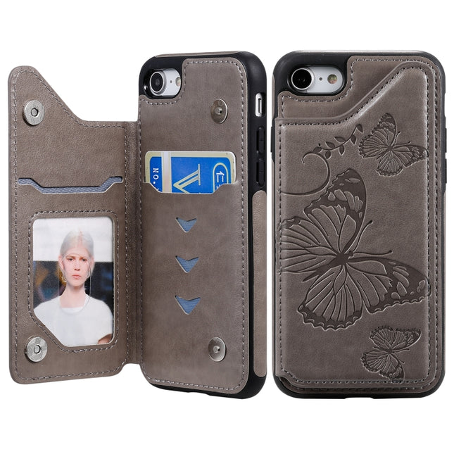 For iPhone 7 & 8 Butterfly Embossing Pattern Shockproof Protective Case with Holder & Card Slots & Photo Frame(Gray)-garmade.com
