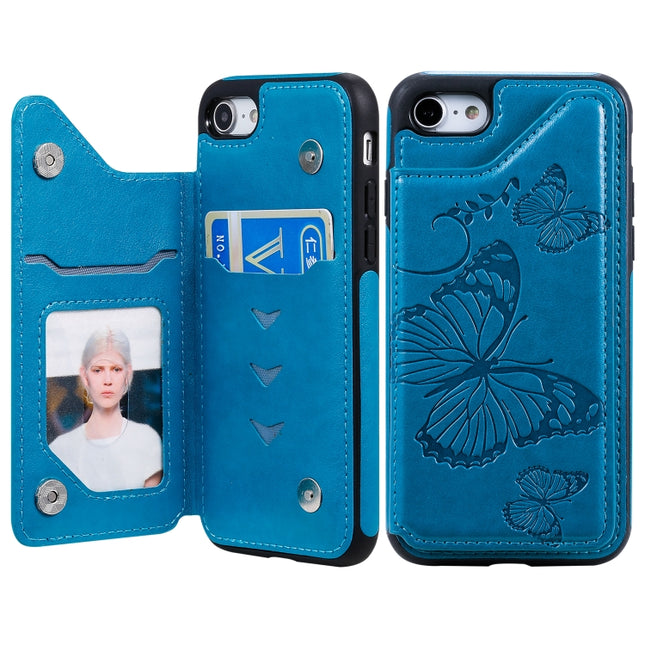 For iPhone 7 & 8 Butterfly Embossing Pattern Shockproof Protective Case with Holder & Card Slots & Photo Frame(Blue)-garmade.com